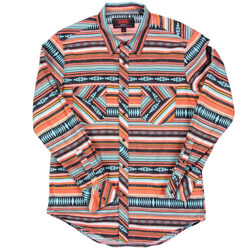Rock‎ & Roll Denim Mens L Multicolor Aztec Southwestern Pearl Snap Shirt Modern